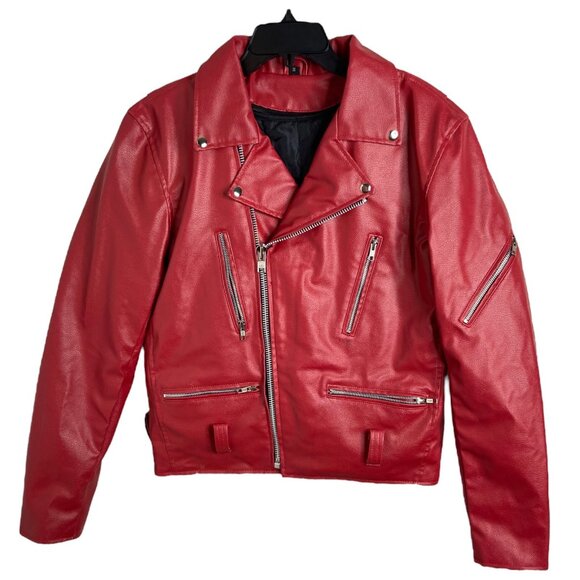 The Alley Chicago Red motorcycle Jacket Vegan Leather multi pocket small - Picture 1 of 10